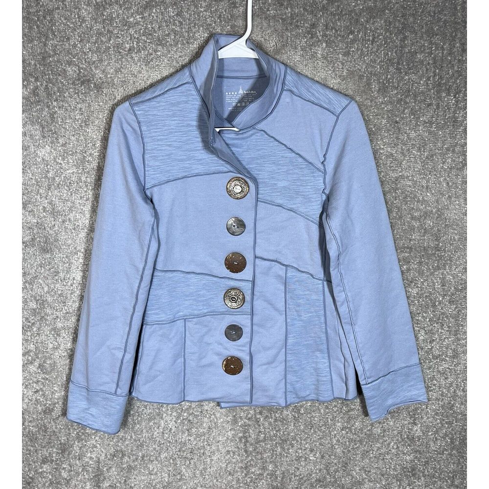 Neon Buddha Big Button Patchwork Seamed Jacket Womens Size XS Blue Stretch